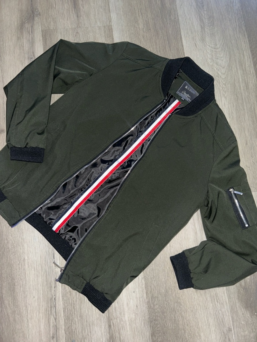 H.T.NIAO Olive Green Bomber Jacket with Stripe Lining